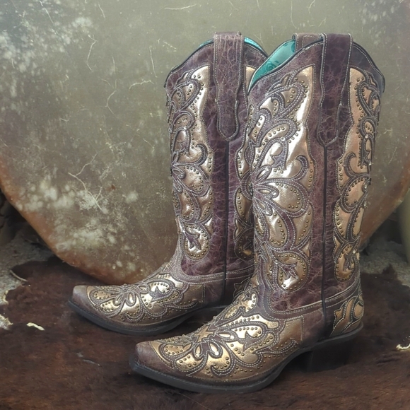 CORRAL E1594 distressed brown leather snip toe cowgirl boots metallic inlay sz 8 - Picture 4 of 16